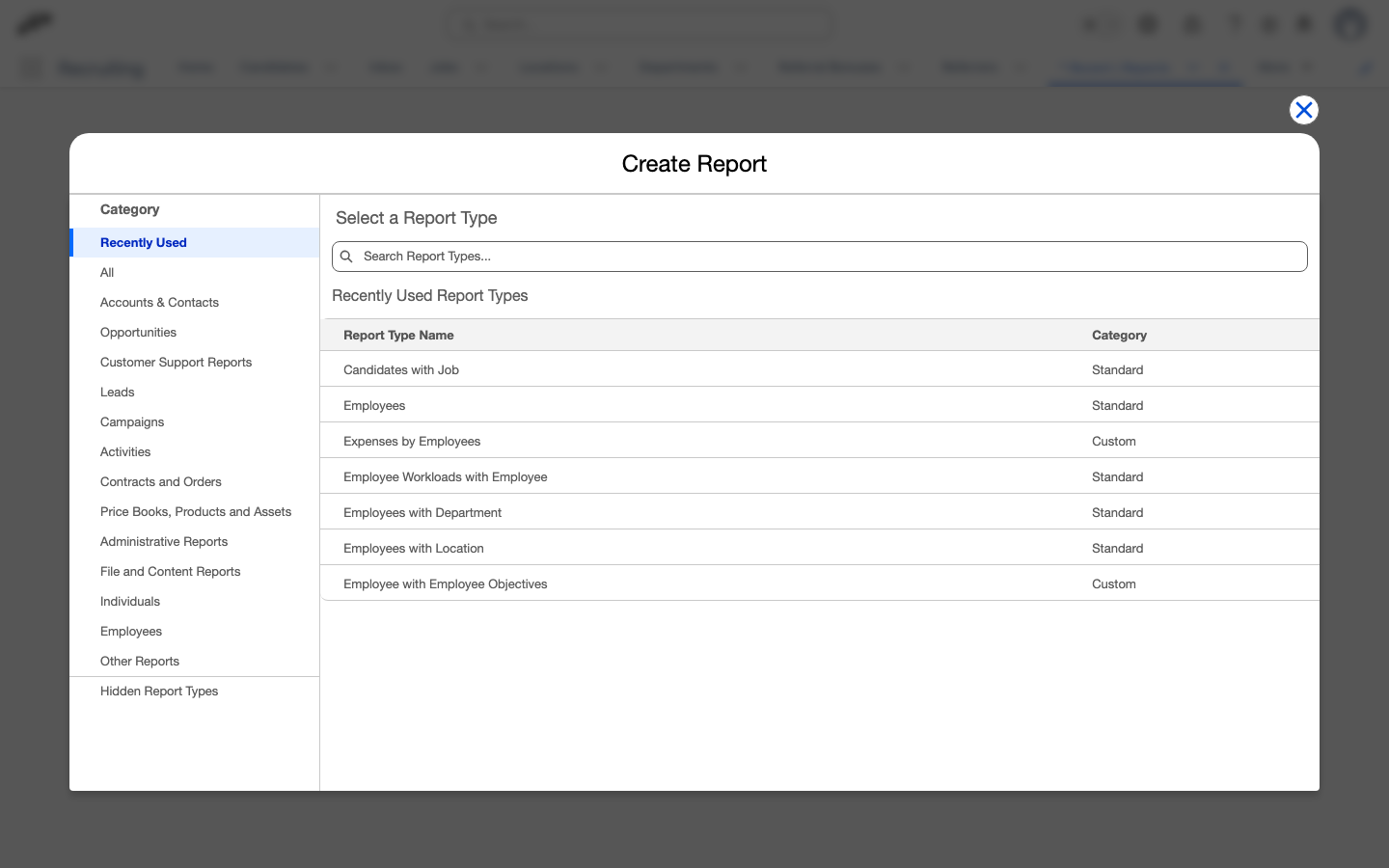 Create Report dialog showing available report types in Salesforce