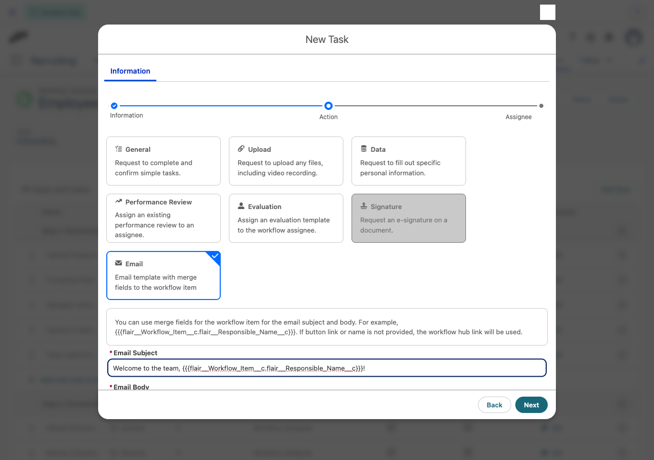 Email task type selected, showing the merge-field help and the Email Subject field