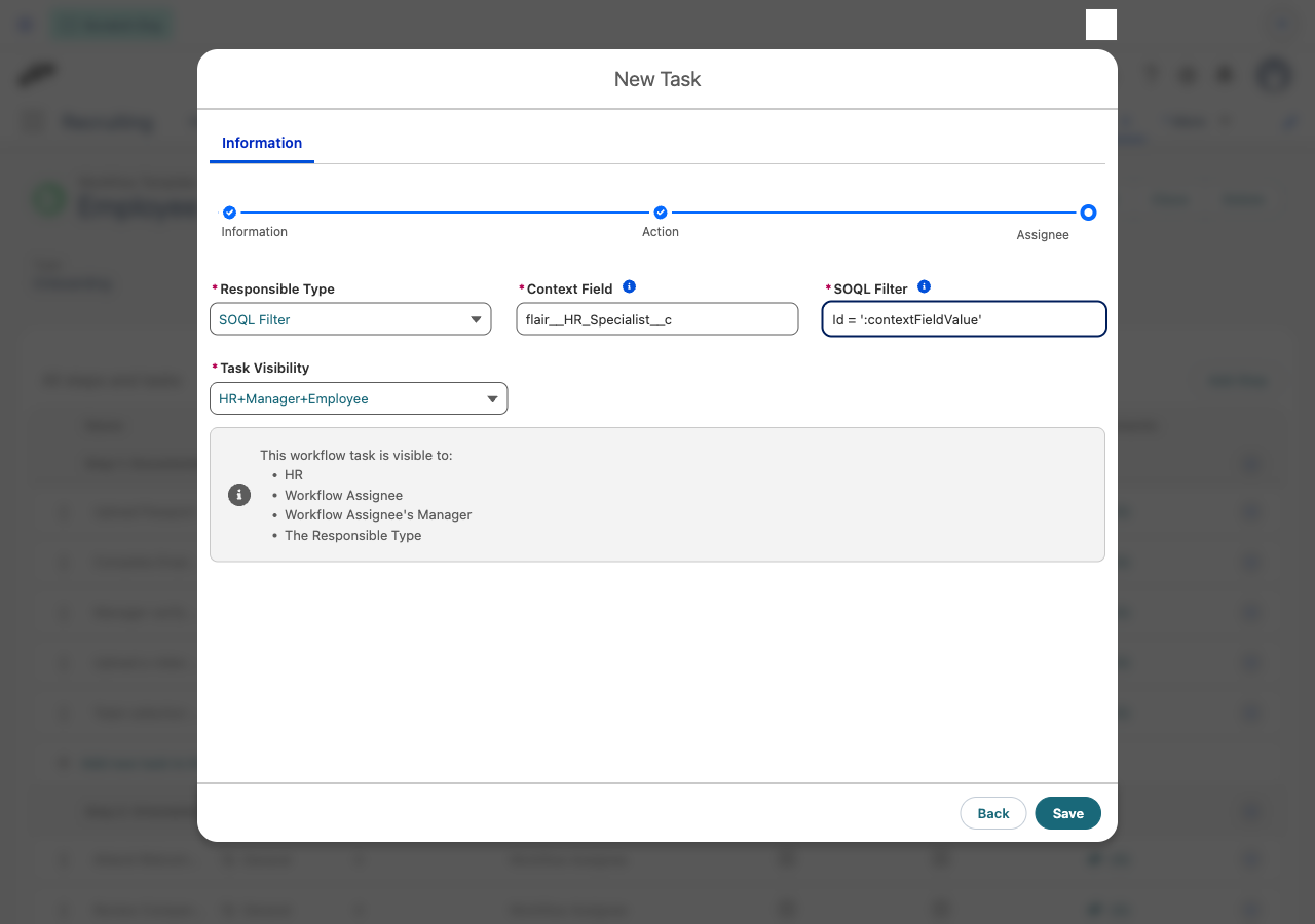 Assignee step with the SOQL Filter responsible type selected, showing the Context Field and SOQL Filter inputs