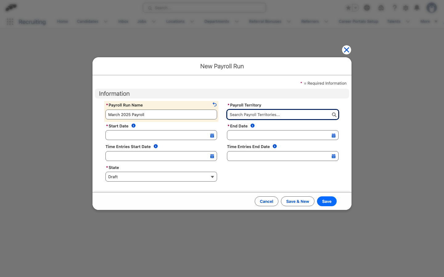 New Payroll Run form in Salesforce