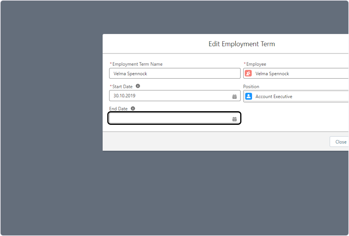 Please select the end date for the employee and indicate the position the employee holds.