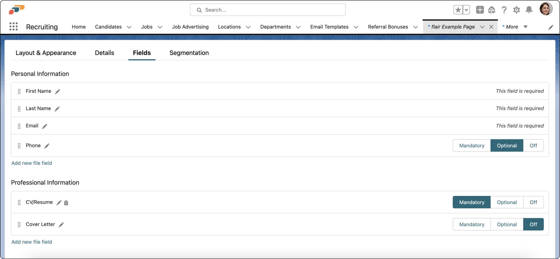 Choose which information is required from applicants on your career page
