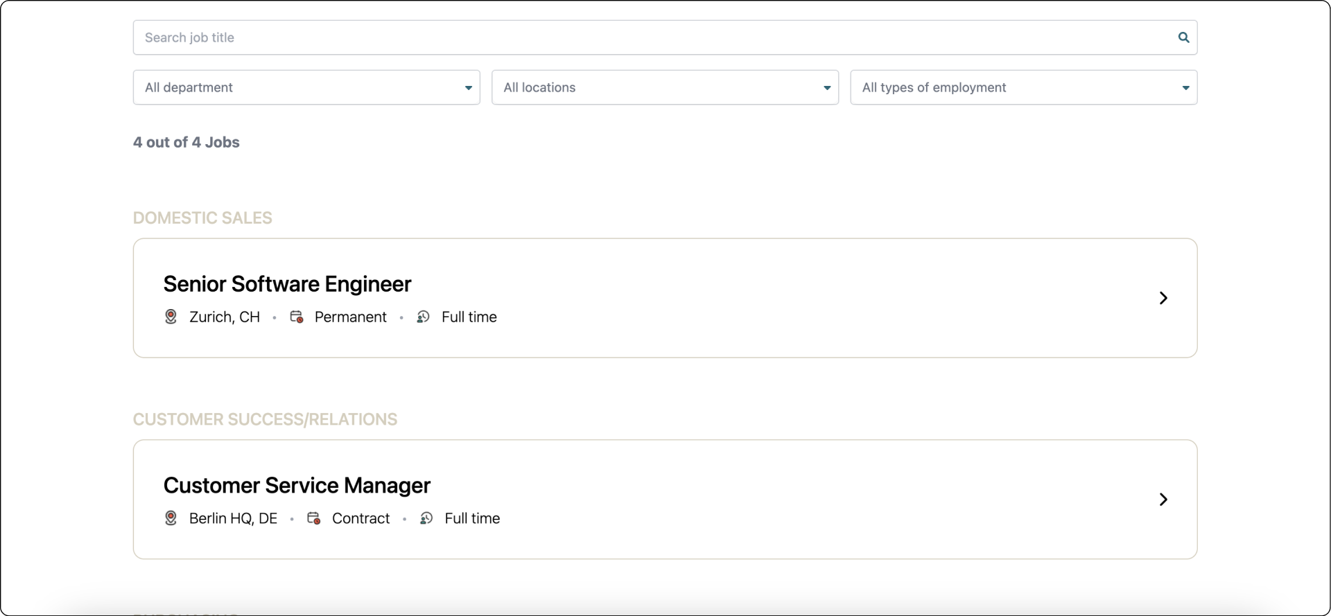 How your Open Positions card will appear on your careers portal, including a search bar and filters