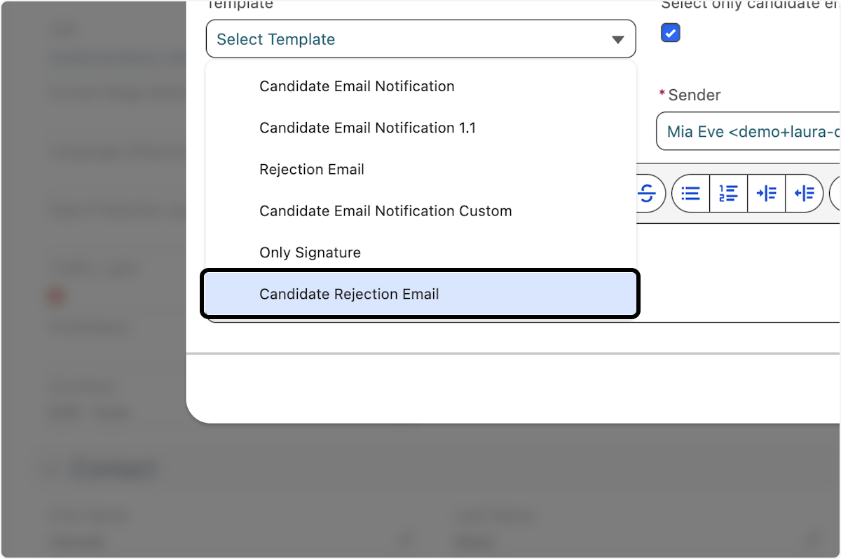 Click on Candidate Rejection Email