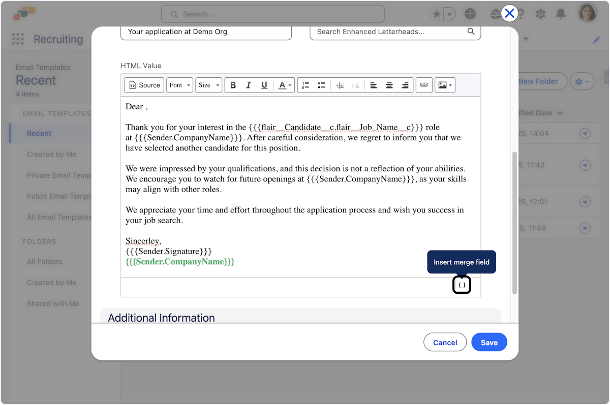 Click on Insert merge field