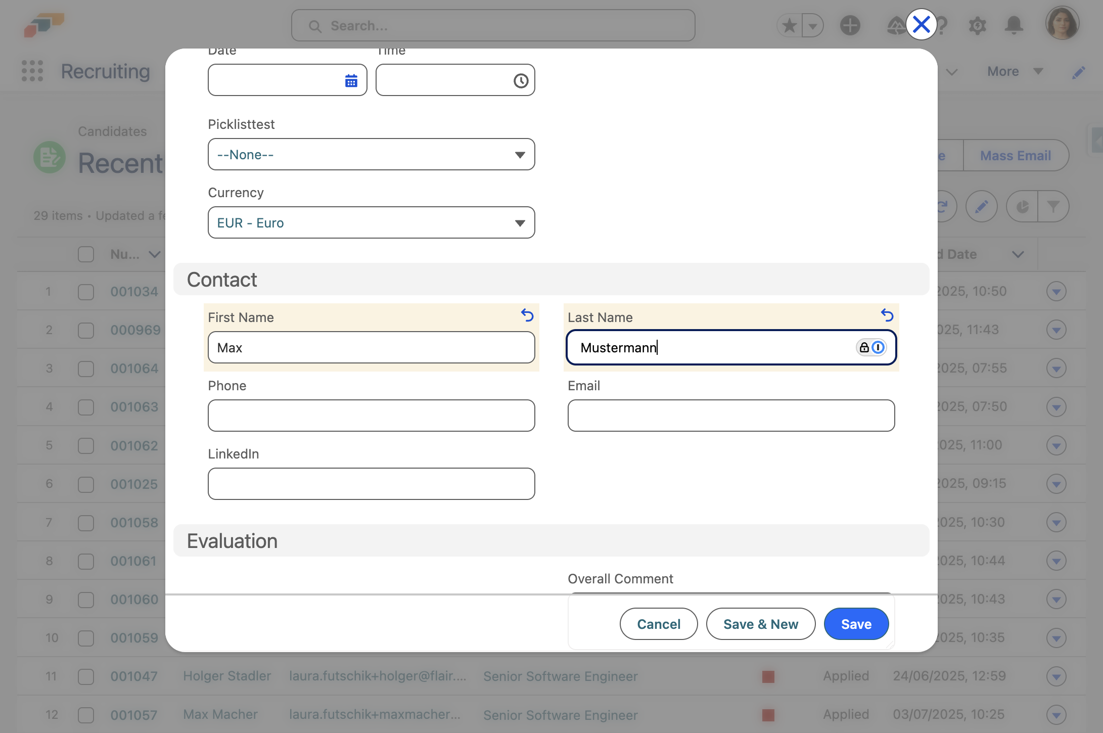 Enter Candidate Details like First Name and Last Name