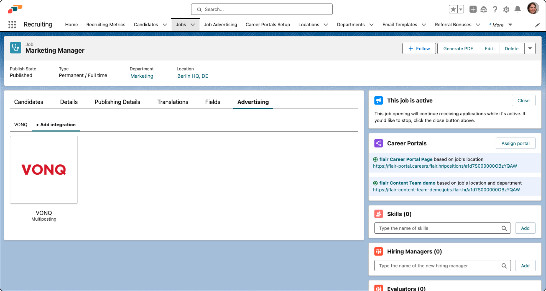 Use the VONQ integration in flair to advertise multiple jobs at once