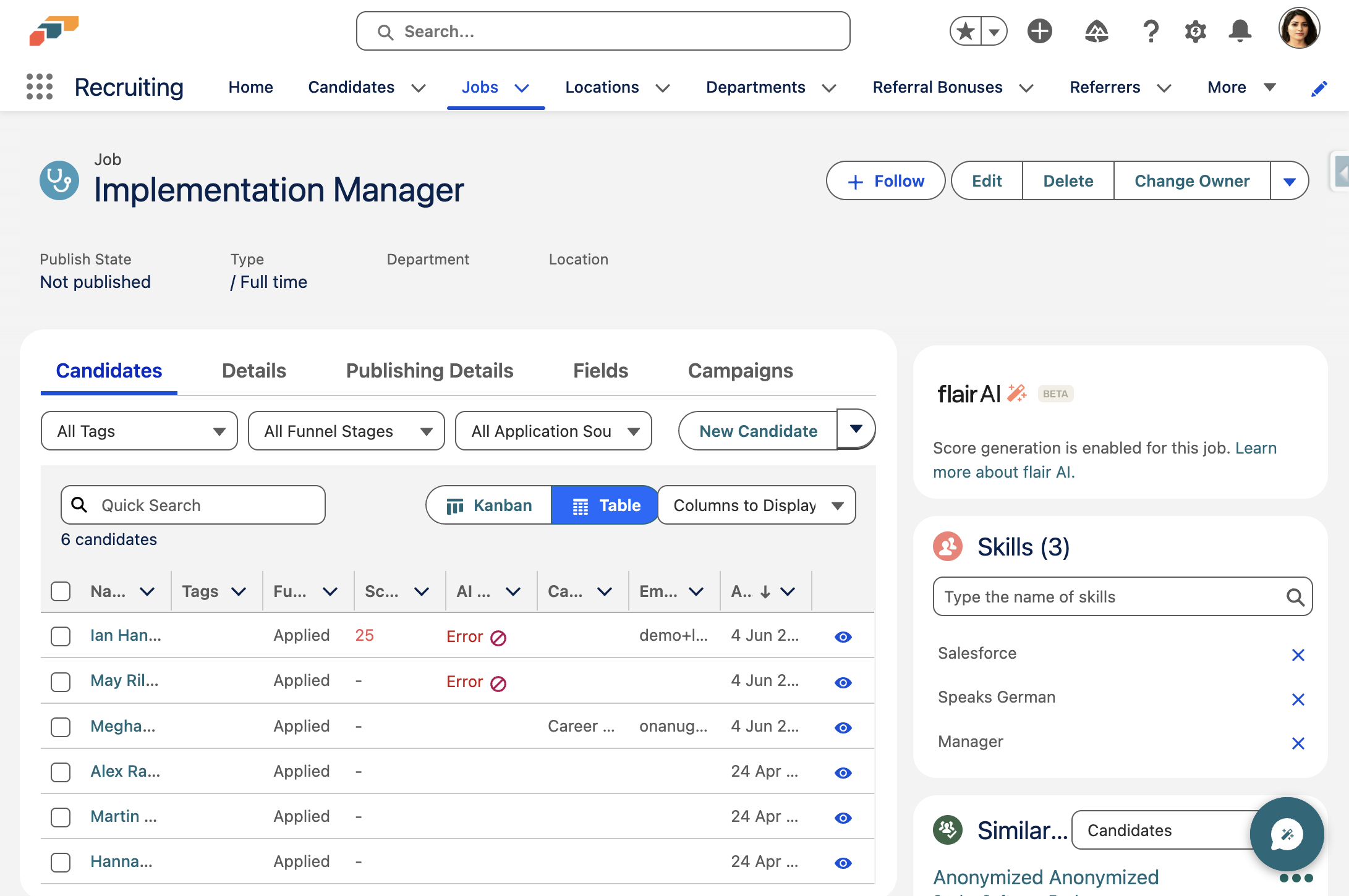 Next to New Candidate click on Show menu (small arrow)
