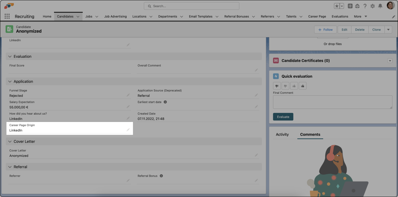 A Salesforce field showing the candidate source