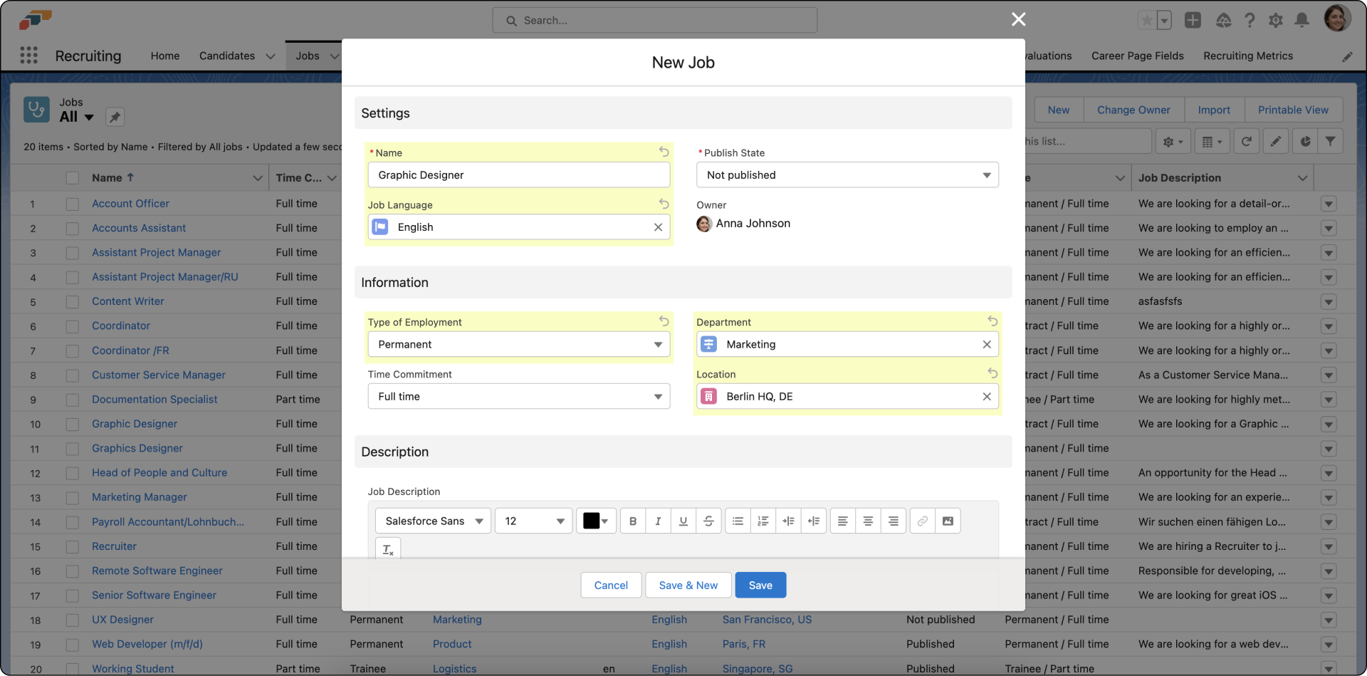 Creating a job by adding basic information, job description, and requirements
