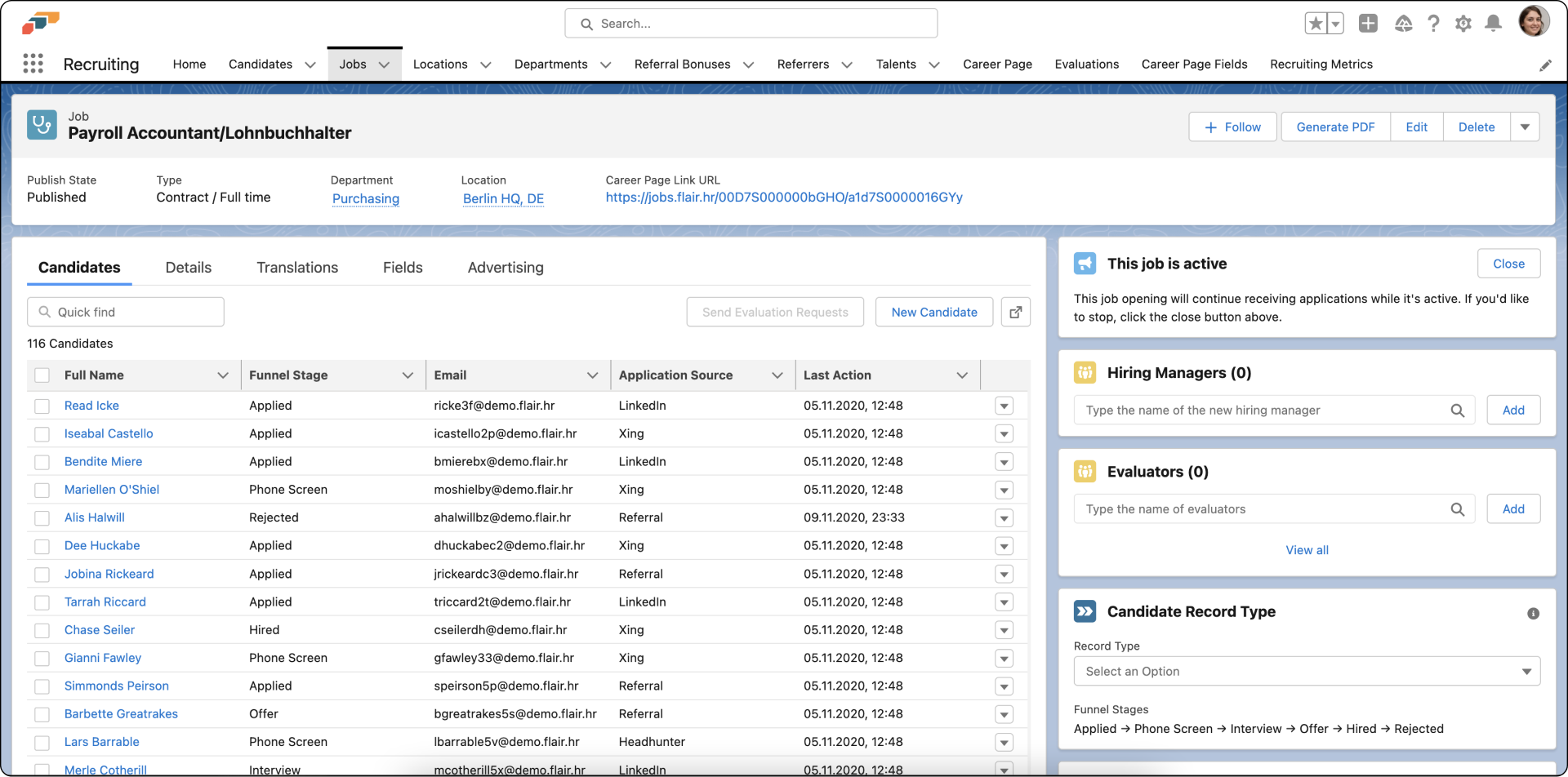 Clicking on a job shows you a list of candidates and application sources