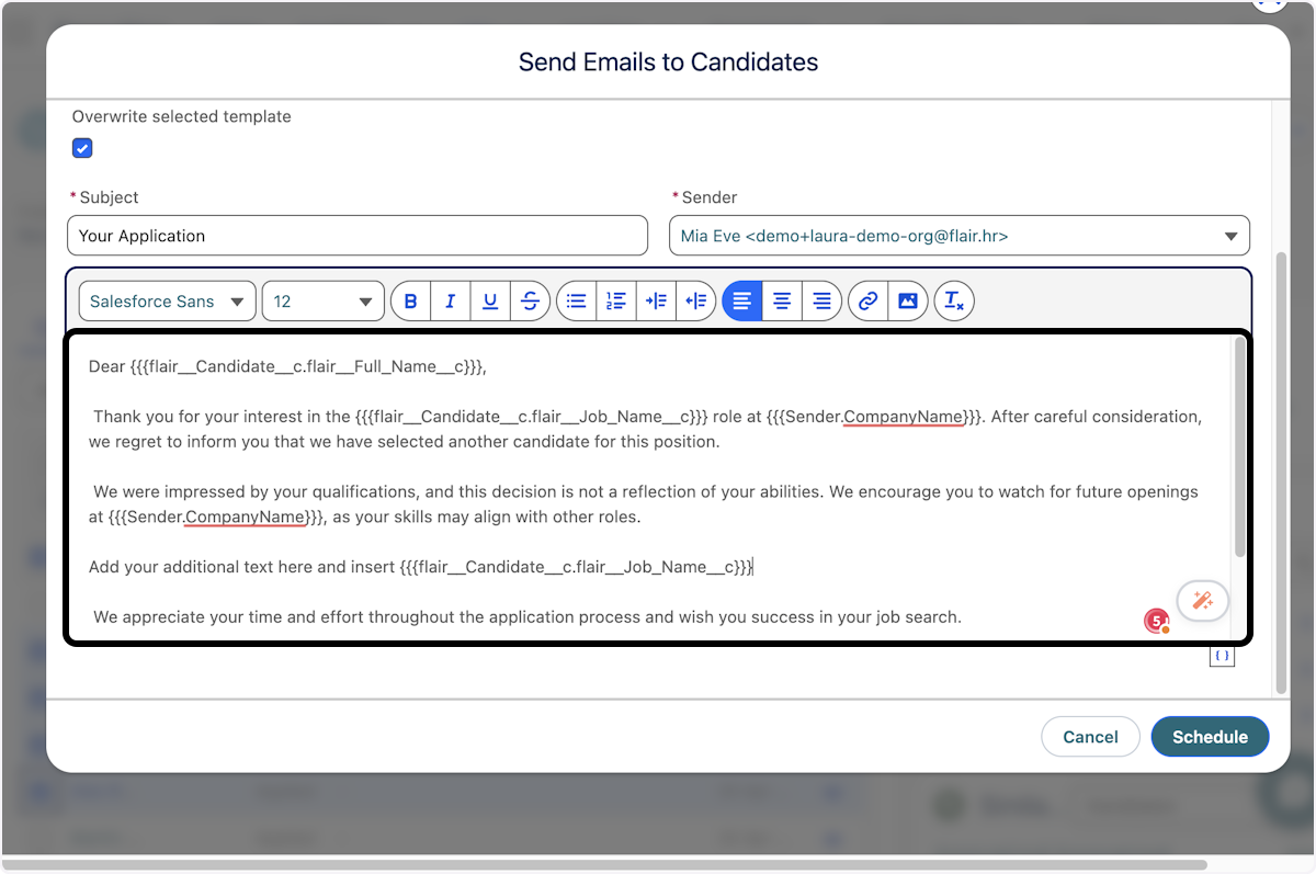 The merge tag was now added to your email