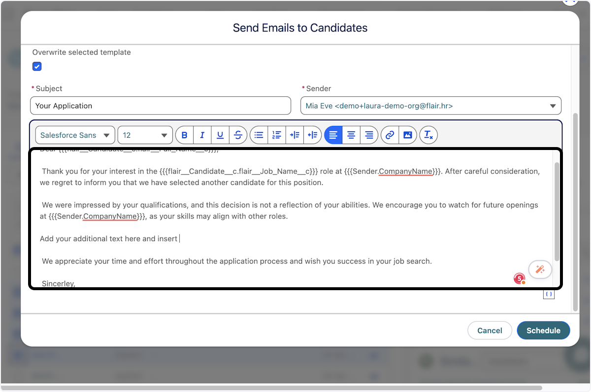 You can now add/remove text, pictures, links for these specific mass emails